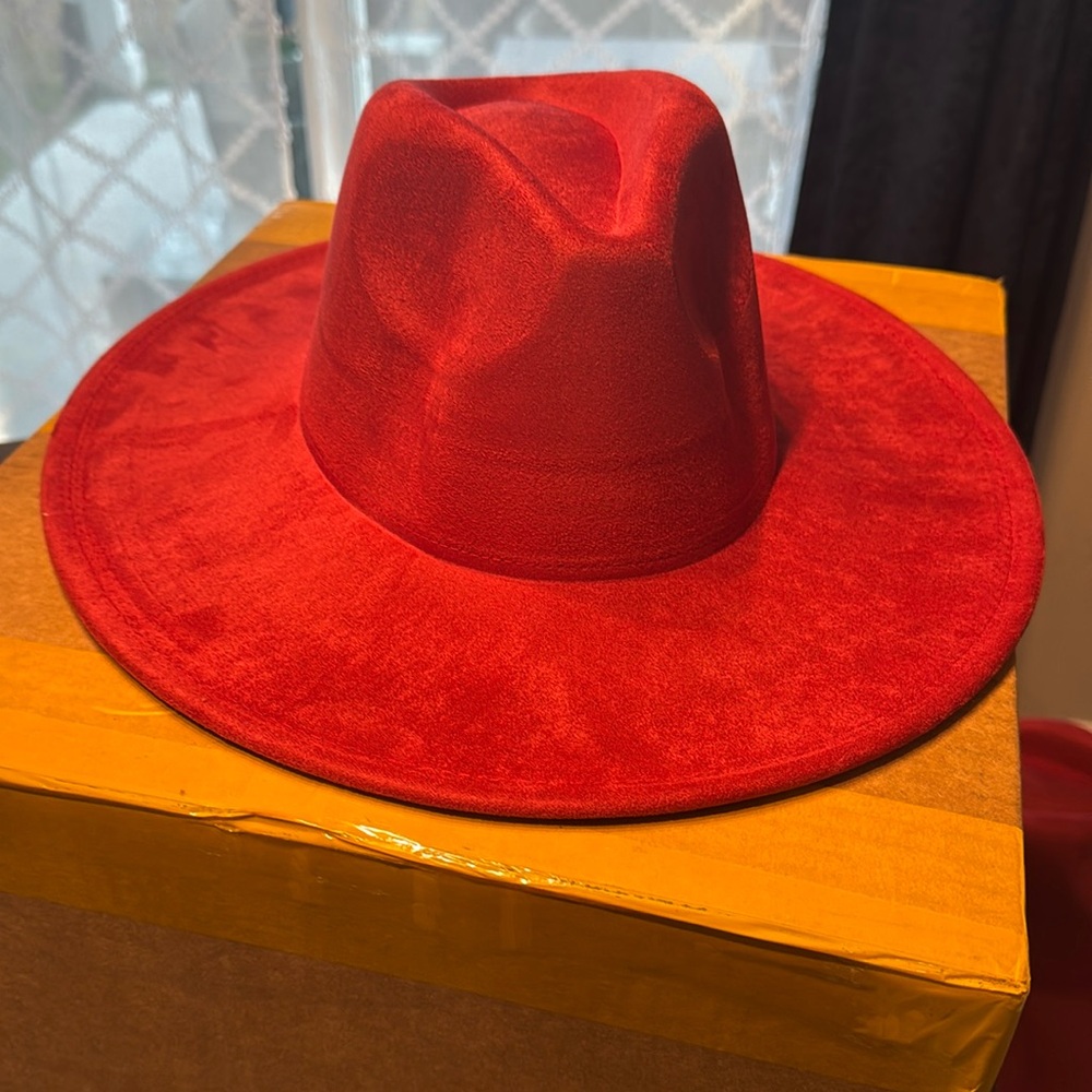 Suede Large Eaves Peach Top Fedora Hat (Siam Red)